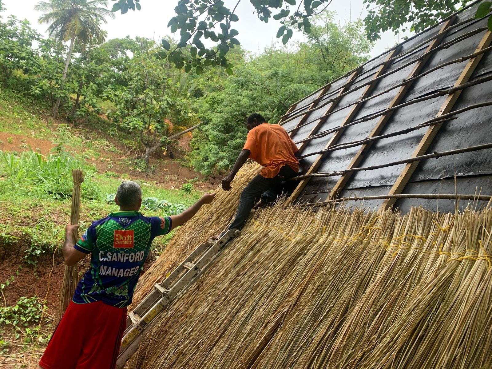 Local craftsmen thatching a traditional Kalinago shelter at the campground, Dominica
